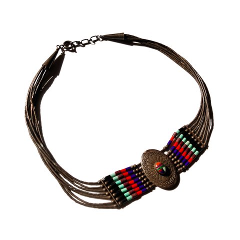 【期間限定SALE】Vintage Indian Jewelry Navajo Liquid Silver × Color Stones Choker 