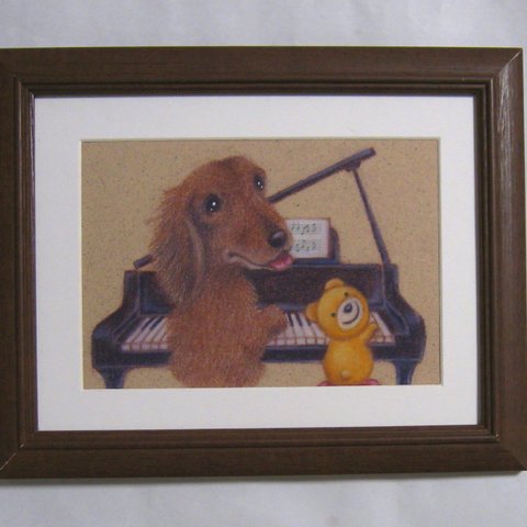ダックスとクマさんのピアノ演奏■手描き絵原画■額装