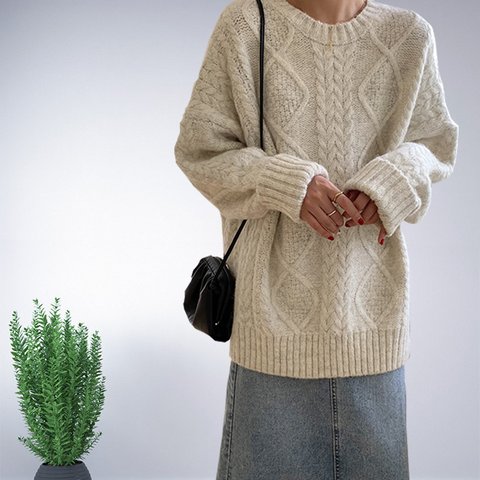 アイボリー ケーブル編み 手編み モヘア ウール ラウンドネック セーター ニット フォマール 通勤 ゆったり 柔らかい