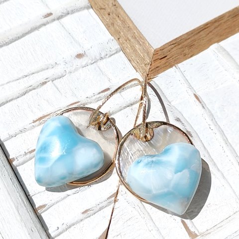 ❁Larimar sunrise earrings 14kgf♡可愛いハイクラスハートラリマー