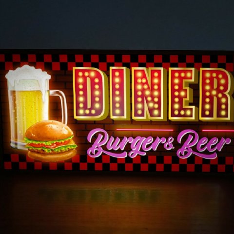 ダイナー ビール&バーガー BEER ハンバーガー アメリカン雑貨 ミニチュア サイン ランプ 看板 置物 雑貨 ライトBOX