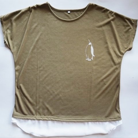 ペンギン　レディース裾切替チュニックTシャツ  カーキ