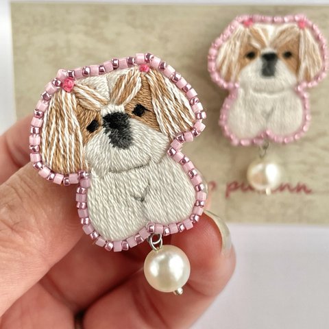 🐶シーズーちゃんのcute♡なパール刺繍イヤリング🐶