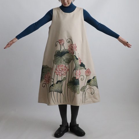 新作　手描きART　和画衣　清らかに咲く蓮　花　ワンピース　ゆったり　ジャンパースカート　日本画　K28B