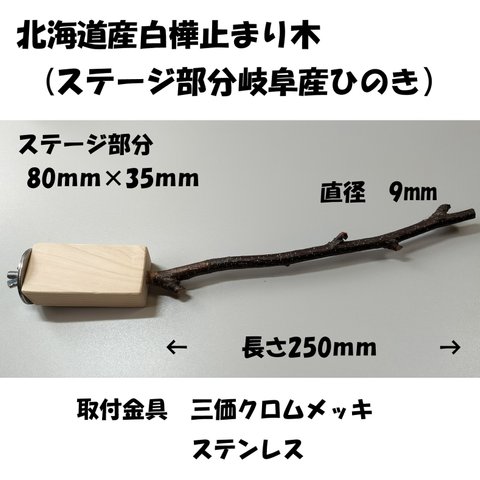 白樺止まり木　１２（ステージ80×35ｍｍ　直径9ｍｍ　長さ250ｍｍ）