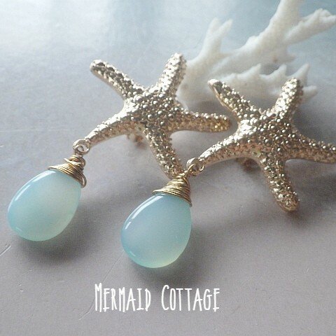 Mermaid Starfish Earring☆大粒カルセドニー☆蝶バネ大ぶりイヤリング