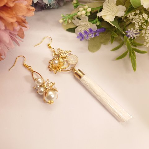  ゆらゆら大粒 蓮華と和紙のタッセル イヤリング ピアス