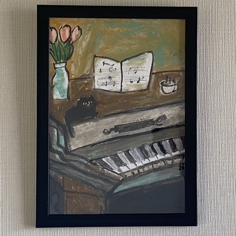 絵画。壁掛け原画【ピアノ部屋で音楽を聴くのが好きなかわいい黒猫】