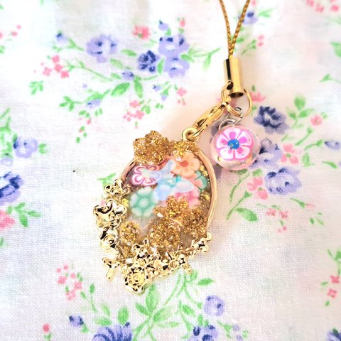 金の薔薇とカラフルお花のオルゴナイトキーホルダー