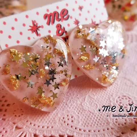 ☆Silver Glitter Stars Confetti ハートピアス・イヤリング☆sugar pink