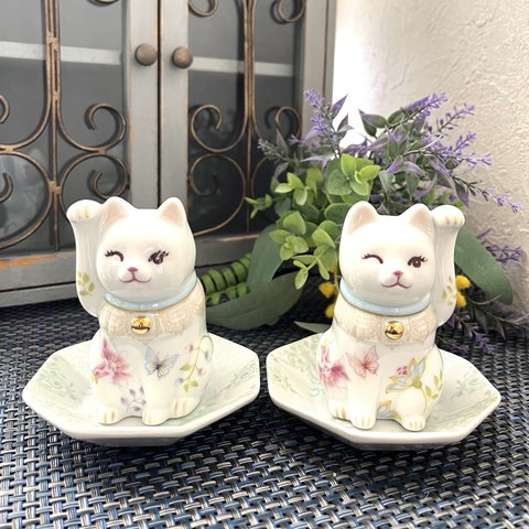 オリエンタルフラワー柄の招き猫＆八角プレートセット