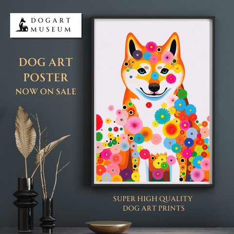 【花と秋田犬の夢の世界 No.1】アートポスター 犬の絵 犬の絵画 犬のイラスト
