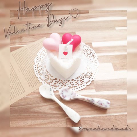 《ハートケーキキャンドル＆ハートサシェ♥》　~heart candle & heart sachet~　+ spoon