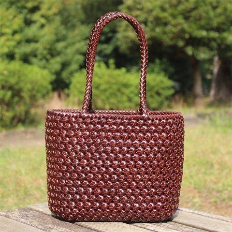 牛革 革編み込み 山葡萄風 六角花結び編み かごバッグ 籠 BAG バッグ かご バッグ 手提