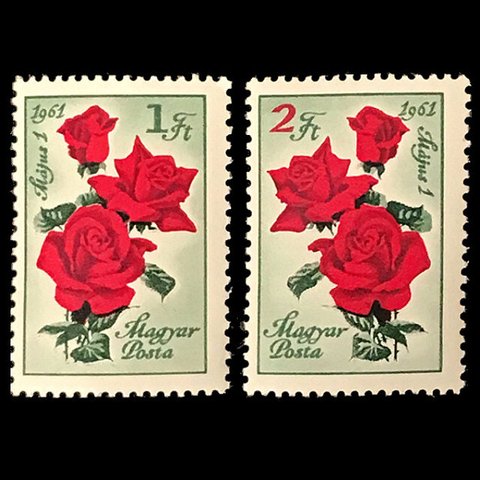 赤い薔薇 ハンガリー 1961年 外国切手2種 未使用【バラの花 古切手素材】