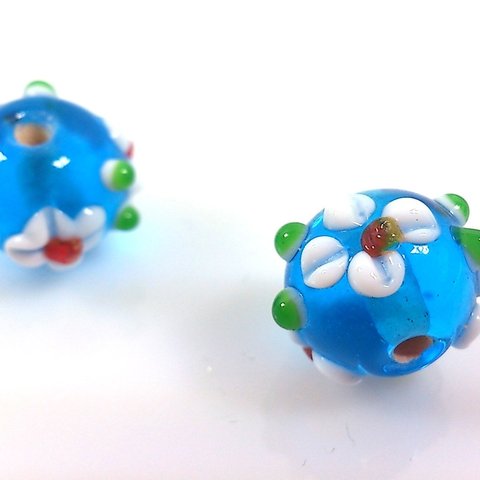 トンボ玉 とんぼ玉 直径12mm×2個 レトロ デコ花 水色