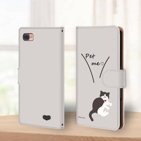 pet me！ハチワレねこ グレーiPhoneケース　androidケース　手帳型　cat280