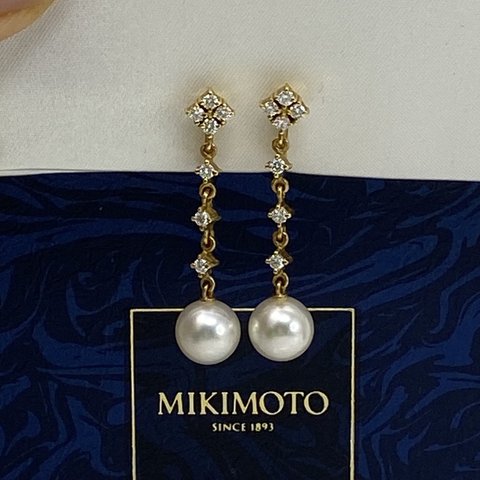 mikimoto ミキモト　御木本used k18YG 18金　AU750あこや真珠天然ダイヤモンド イヤリング