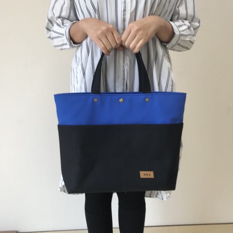 【受注製作】 8号帆布バッグ、A4用（Lサイズ.黒＋プリンセスブルー）