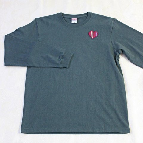 「博多ハート」長袖　綿　Tシャツ　M　ユニセックス　グリーン×ワインレッド（LT-03）