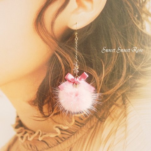 【再販】Satin Ribbon & Mink fur ～sweet pink～イヤリング ピアス ファー ミンクファー リボン 花 フラワー ジルコニア 揺れる   