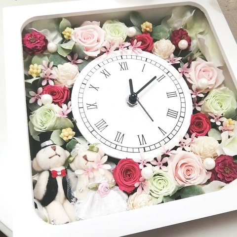 wedding花時計🌸ウェディングベア　結婚祝い　ﾌﾟﾘｻﾞｰﾌﾞﾄﾞ　結婚祝い記念　置時計掛け時計