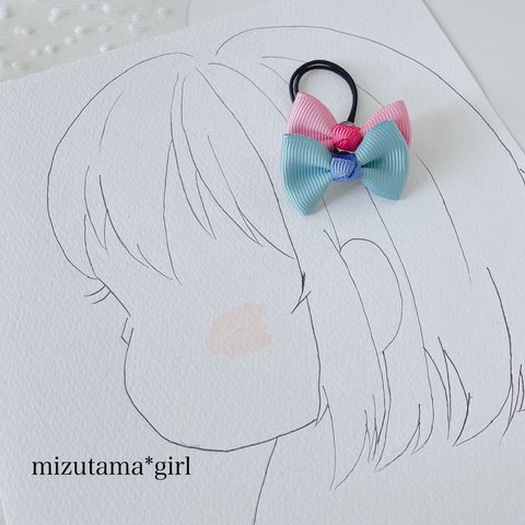 Ribbon & Ribbon ブルー×ピンク［同色リボンヘアゴム2本セット］