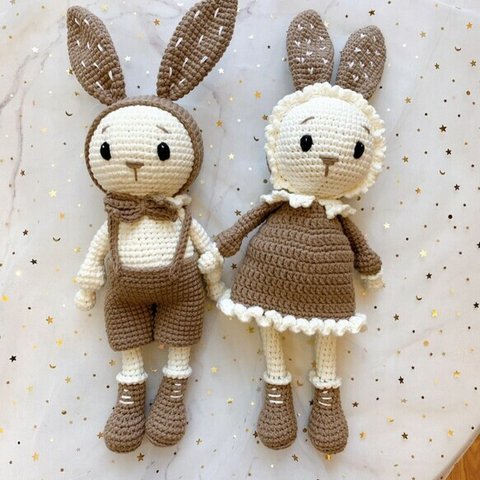 出産お祝い編みぐるみオーガニック コットンウサギカップル