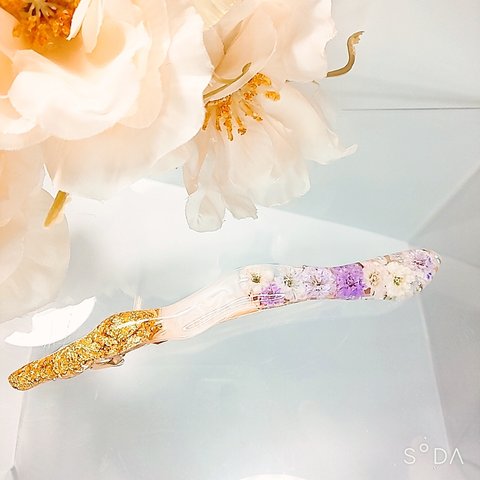 レジン うる艶 かすみ草と金箔たっぷり10cm極細バレッタパープル系