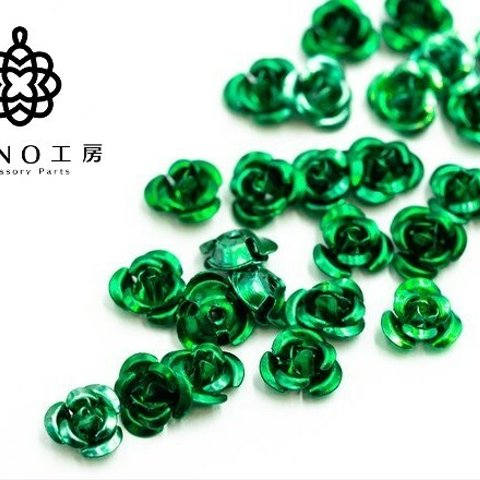 アルミ製 薔薇 10mm グリーン★30個★アルミバラ メタルカラー 通し穴付き 1穴 小さい  レジン 花 ばら アクセサリーパーツ 手芸材料 デコ