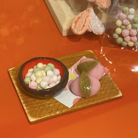 ミニチュアフード　桜餅とひなあられ　ひな祭りセット♡黒器バージョン