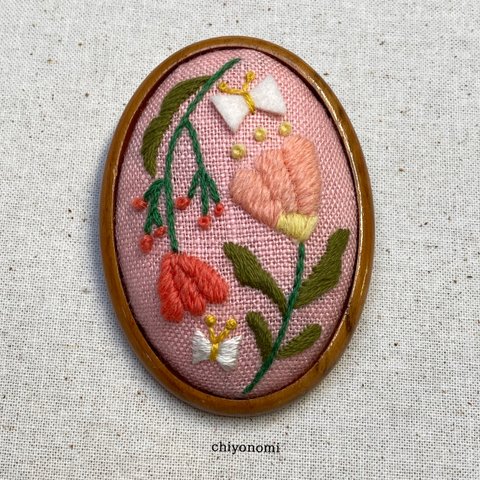 花の刺繍ブローチ　A_ピンク