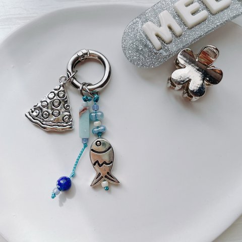 "fish and marble" keyring/ birthstone 選べる誕生石 ＆ チャーム キーリング