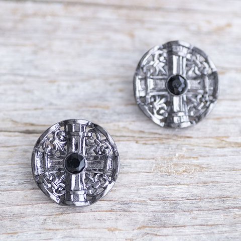 【十字架×クリスタル】メタルボタン ＃BT259 １穴 20mm C/#BN ブラックニッケル×クリスタル 　5個セット