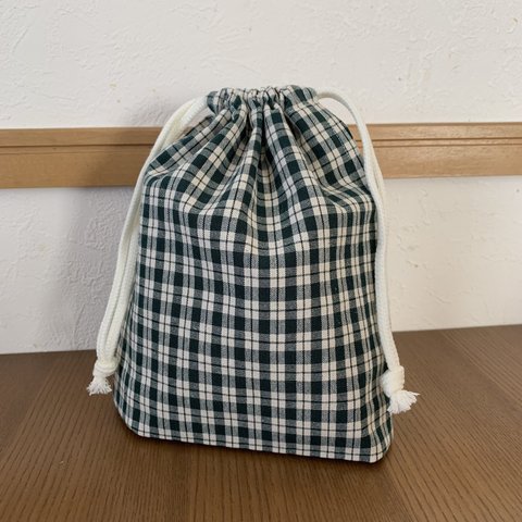 チェック柄の小さな巾着(コップ袋・給食袋) 綿ポリ・ダークグリーン