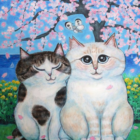 原画「仲良しさくらねこのいる桜咲く丘」 F10号  #絵画 #ねこ #原画 #猫の絵 #イラスト #アート #さくらねこ #さくらねこの日 #笹かま猫 #茶シャム #キジ白猫 #桜 #art #桜猫