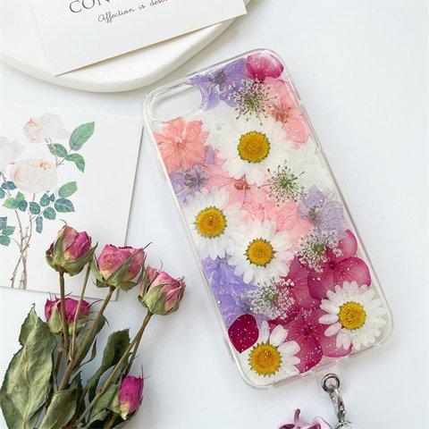 紫陽花押し花スマホケース、全機種対応、手帳型、四隅にショルダーホール、スマホリング、iPhone14、iPhone14plus、iPhone14Pro、GooglePixel 6