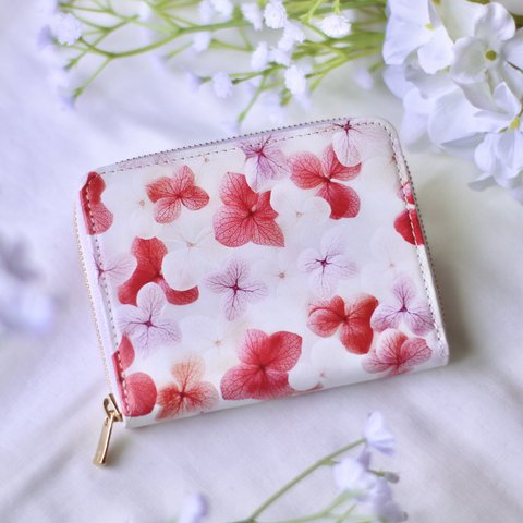 『ピンク紫陽花柄』押し花レザーミニ財布