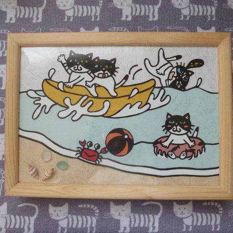 海水浴場で遊ぶ猫ちゃん達(=^・・^=)の切り絵　（A５判サイズ）