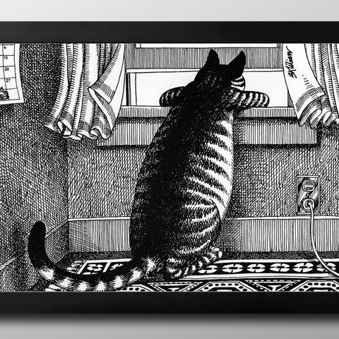 14458■A3アートポスター『物思いにふける猫』絵画　イラスト　デザイン　上級マット紙採用