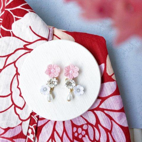 浴衣に合う♡お花ピアス／イヤリング（ピンクver） つまみ細工夏