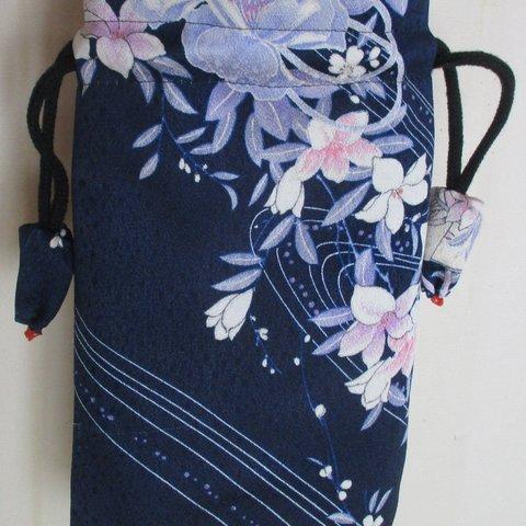 ６７５８　花柄の着物で作った巾着型ポシェット＃送料無料