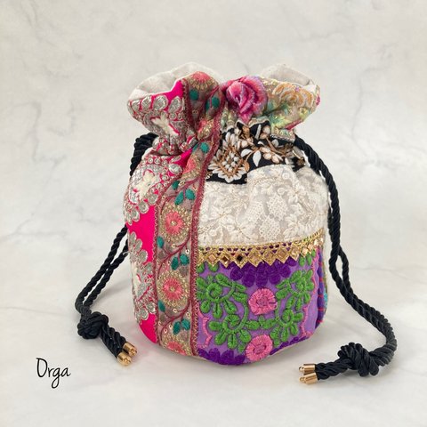 Orga bag 〜2way インド刺繍リボンの丸底巾着バッグ(ショルダーチェーン別売)