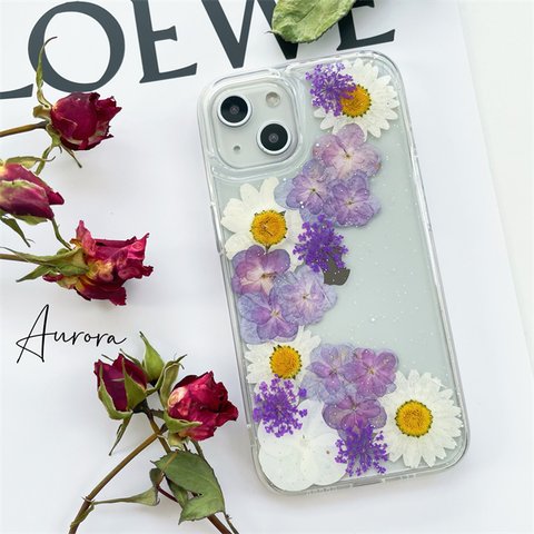 紫陽花押し花スマホケース、全機種対応、スマホリング、ストラップホルダ一、手帳型、iPhone14、iPhone14plus、iPhone14Pro、GooglePixel7、GalaxyA53