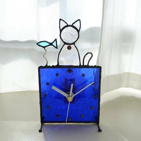 ステンドグラス*掛け＆置き時計・猫と魚（ロイヤルブルー）