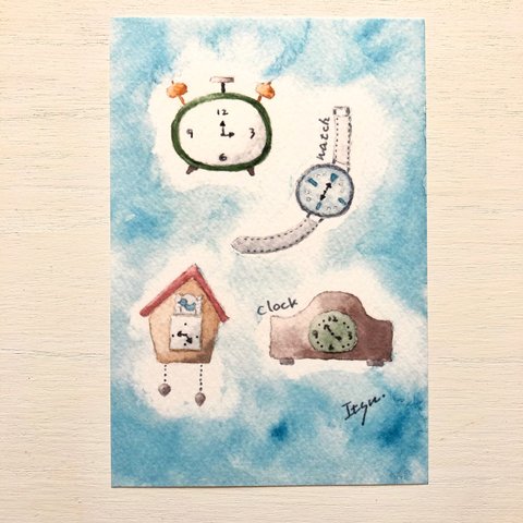 🕰透明水彩画「時計屋さん」北欧イラストポストカード2枚セット メンズ　父の日　父の日カード⌚️