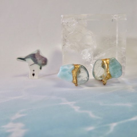 とろける氷と水面＊Larimar×Aquamarine＊金継ぎ／earring／L size