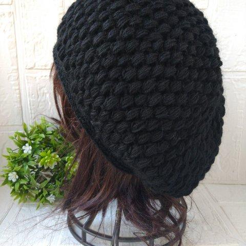 大き目サイズ♪玉編みが可愛いベレー帽♡　　ウール　ブラック　黒
