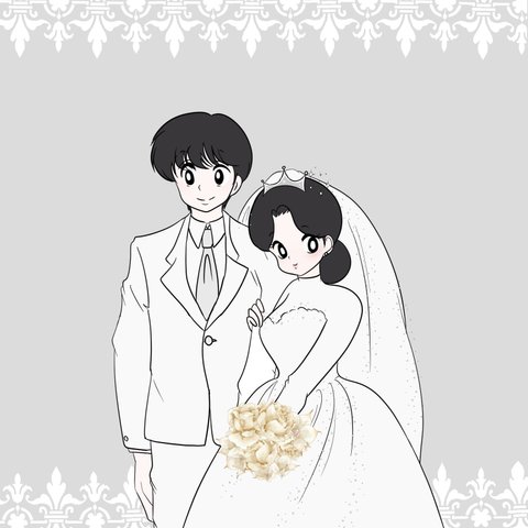 似顔絵オーダー　イラスト　結婚式　ウェディング　ウェルカムボード　夫婦　ウェディングドレス　ドレス　前撮り　花嫁　プレゼント　お祝い　結婚祝い