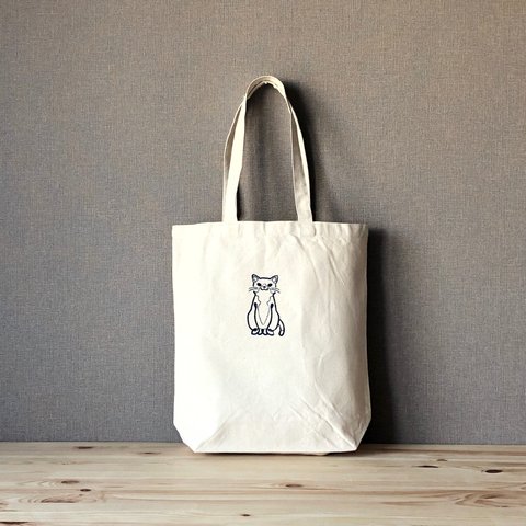 【はちわれ】貓-nyaA- 刺繍 キャンバストート　内ポケット付き　オーガニックコットン　／エコバッグにも最適